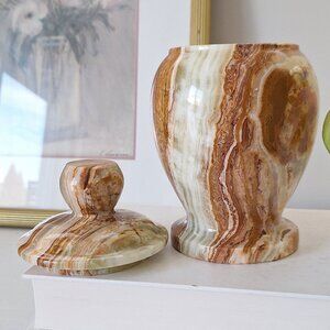 Vintage Banded Onyx Barrel Jar - Confectionary Jar 8" marble stone vase with lid